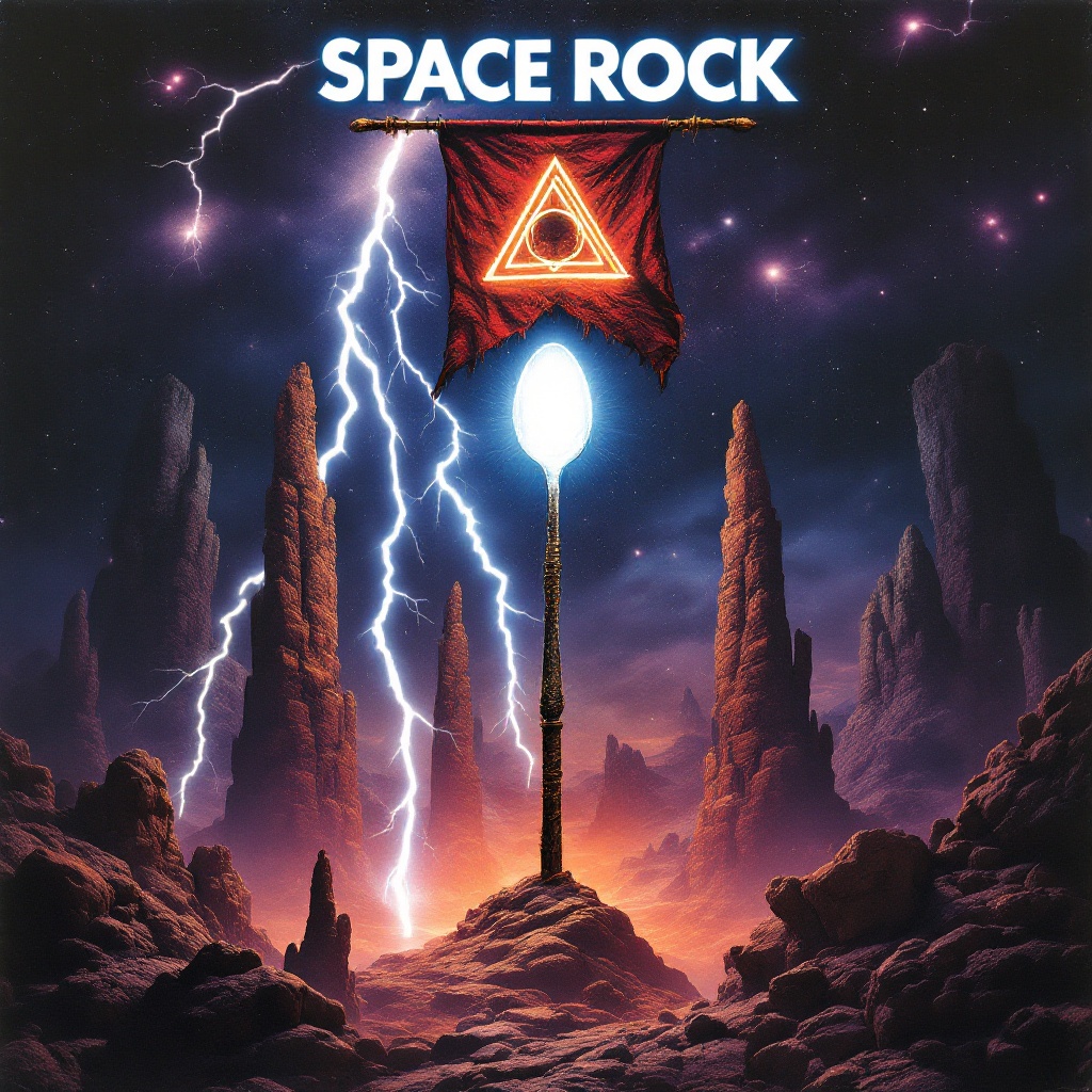 This image is a surreal space rock album cover that blends elements of fantasy and science fiction. It features a striking medieval banner with a mysterious cult symbol. A spoon is depicted inside a bright triangle, standing out amidst striking lightning bolts. The rocky formations below echo the Pillars of Creation, offering a glimpse into a cosmic environment. The artwork evokes feelings of wonder, trepidation, and the thrill of exploration into the unknown. It appeals to fans of both fantasy and science fiction, perfect for an engaging musical experience.