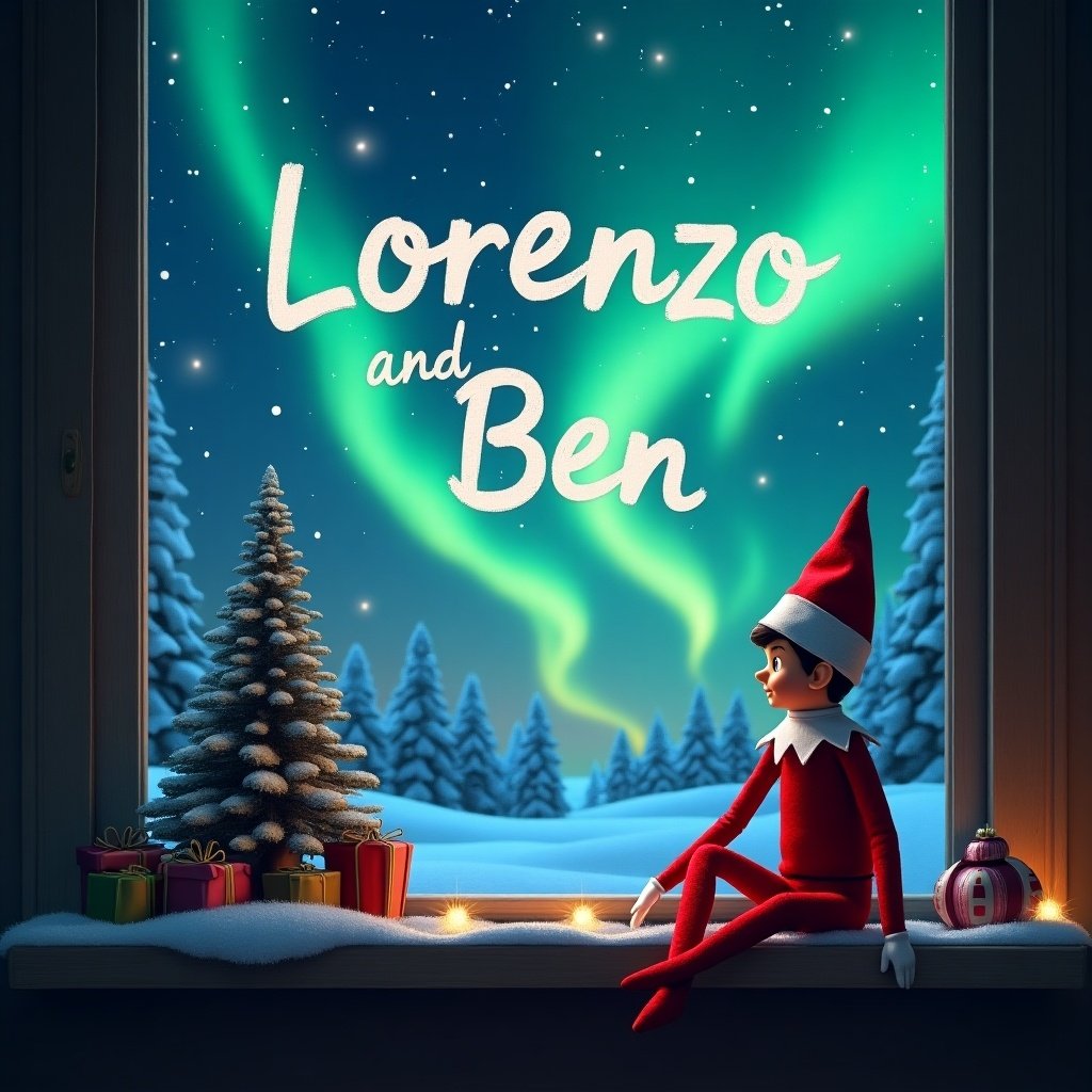 A cheerful elf is seated at a window, gazing outside at the magical Northern Lights. The night is filled with holiday spirit, with a beautifully decorated Christmas tree and presents nearby. The sky above features the names 'Lorenzo' and 'Ben' written among the vibrant auroras. The scene is warm and inviting, perfect for celebrating the festive season. There's a soft glow emanating from the window, enhancing the magical atmosphere.