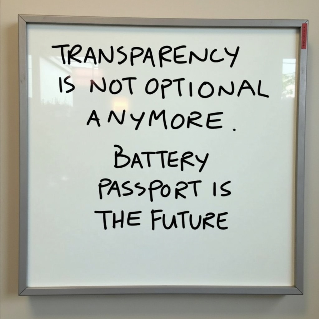 Simple whiteboard with black handwritten text. Text reads Transparency is not optional anymore. Battery passport is the future.