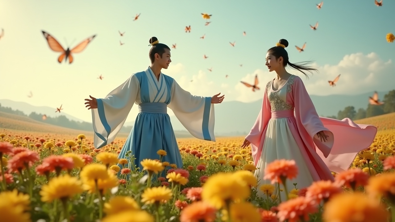 A beautiful scene in a vibrant flower field with two figures dressed in traditional Chinese clothing. One is wearing a blue robe while the other is in a flowing pink dress. Butterflies flutter around them, adding a whimsical touch to the scenery. The background showcases a lush, mountainous landscape bathed in soft sunlight. The overall atmosphere is serene and romantic, perfect for depicting cultural heritage and beauty.