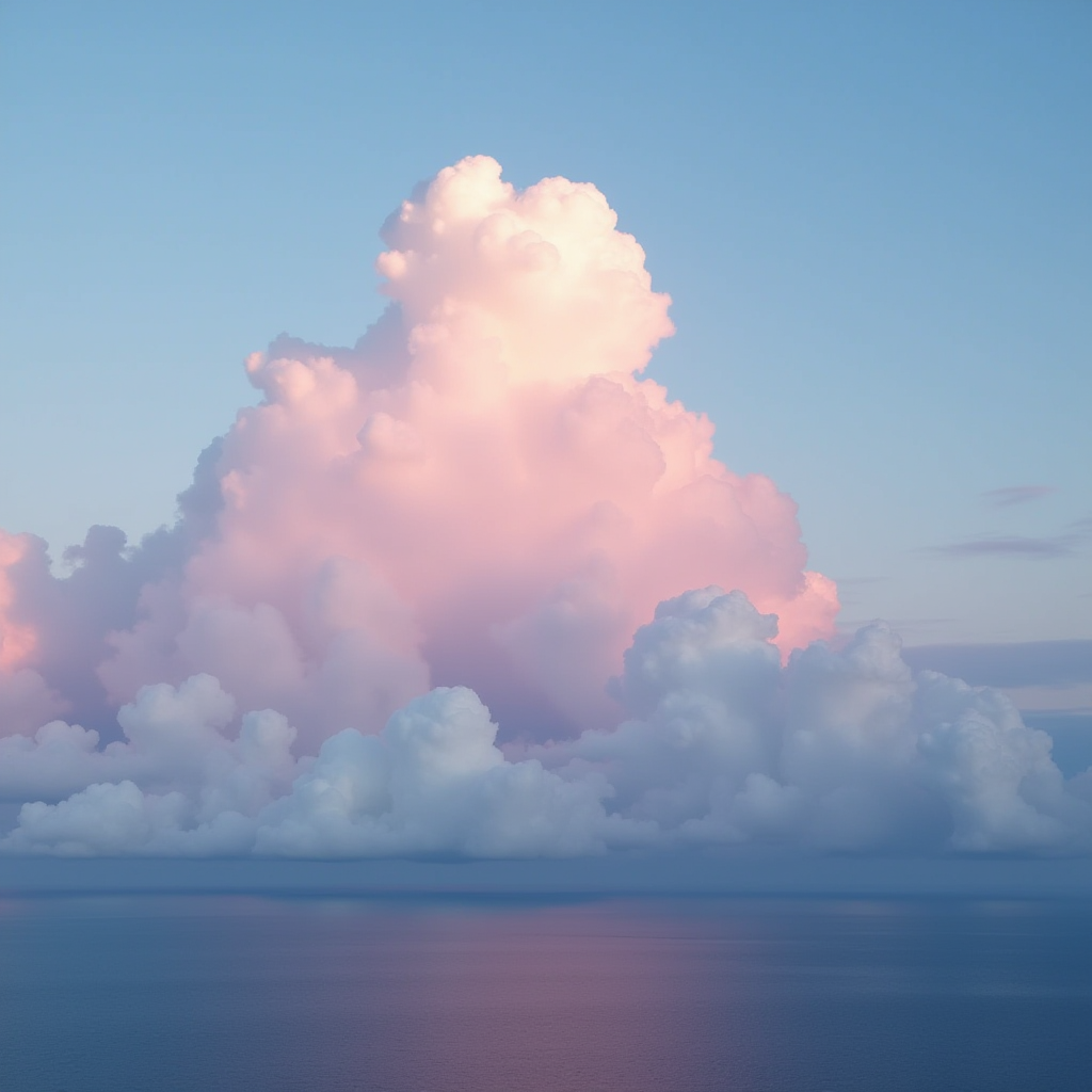 A stunning display of fluffy, pastel-colored clouds reflecting on calm ocean waters under a serene blue sky.