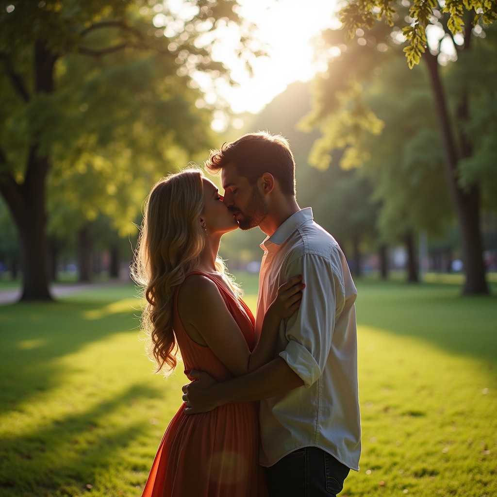 A couple shares a romantic kiss in a lush green park. The sunlight softly filters through the trees, creating a warm, inviting atmosphere. They stand close together, their expressions filled with love and affection. The park's vibrant green grass adds a beautiful backdrop to this intimate moment. It's a picture that captures the essence of romance and connection.