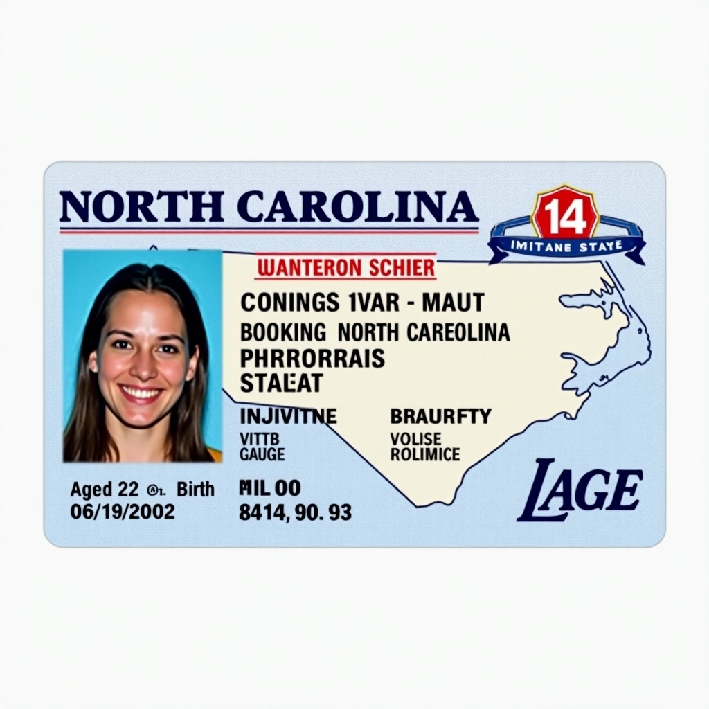 This image displays a North Carolina license card featuring personal information. The card shows a clear headshot of the individual and includes details such as age and date of birth. The background features a map of North Carolina, emphasizing the state's identity. The design utilizes standard colors like blue, white, and red which adds to its official appearance. This card serves important functions related to identity verification and is designed professionally, reflecting standard government card layouts.