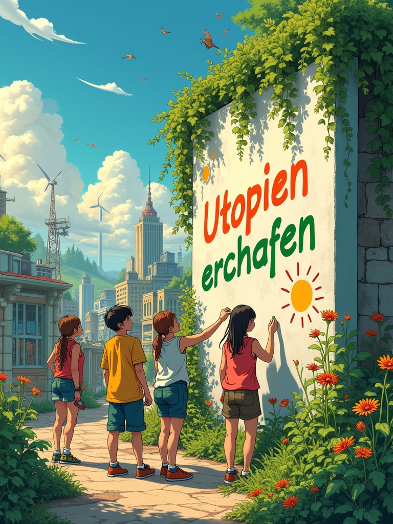 A vibrant and optimistic Solarpunk scene shows a group of young activists painting a wall with the words 'Utopien erschaffen'. The environment features lush greenery with flowers, futuristic eco-friendly architecture, wind turbines, and solar panels. Children wear colorful clothes, displaying creativity and joy amidst a sunlit urban landscape. The mood is full of life and inspiration.