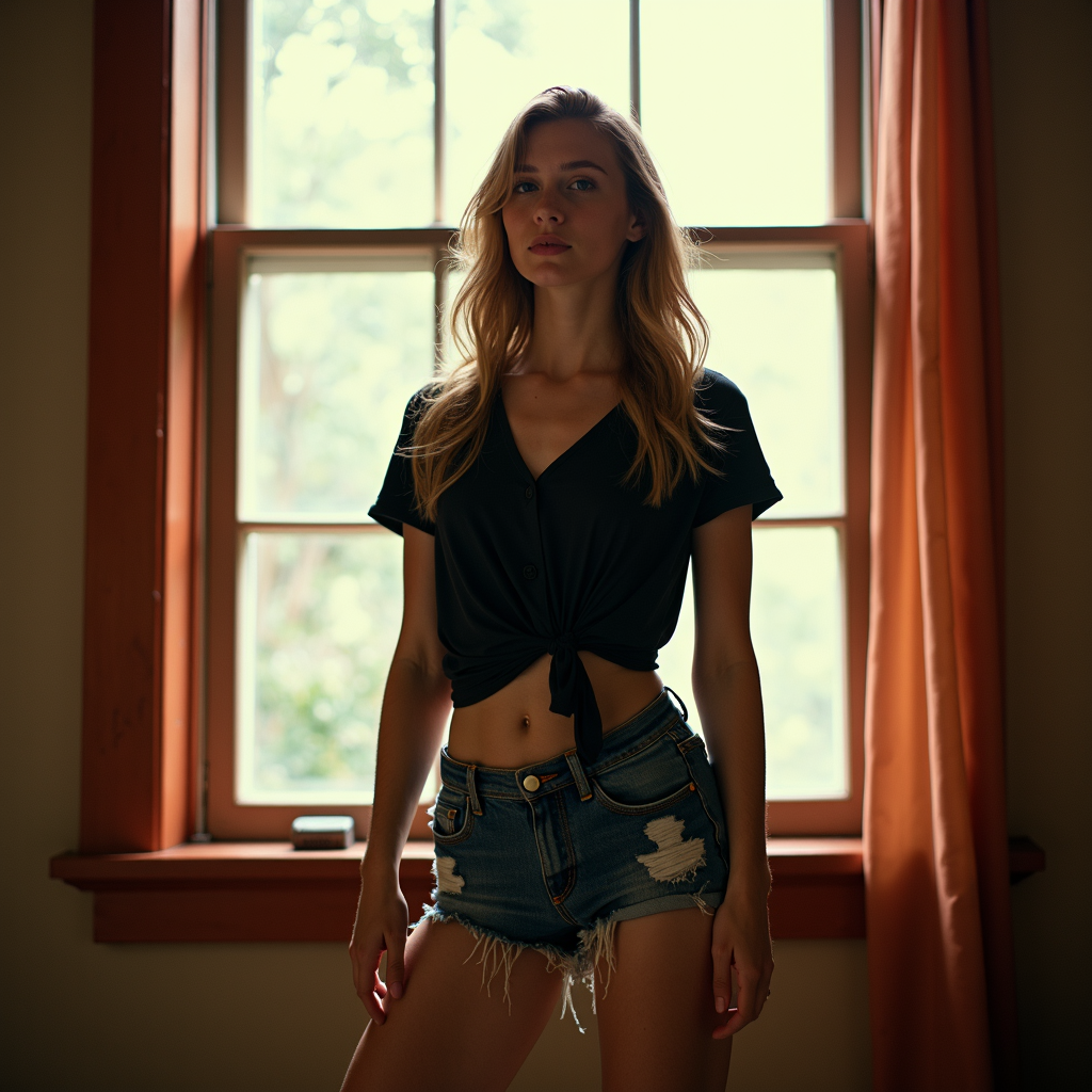 A woman stands confidently in front of a sunlit window wearing a tied shirt and denim shorts.