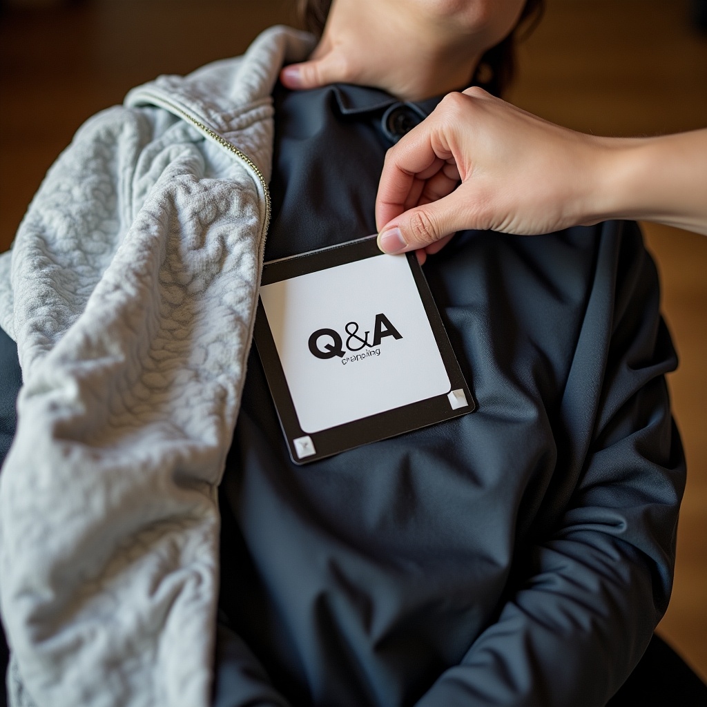 The image depicts a close-up scene where a person is placing a Q&A Clothing branding pouch onto the chest area of a stylish black jacket. The jacket is gray in color and appears to be wrapped casually. Soft lighting illuminates the scene, enhancing the product details. The focus is on the interaction of the hand and the packaging, emphasizing a modern and stylish presentation. This imagery suggests a high-end or contemporary fashion brand offering.