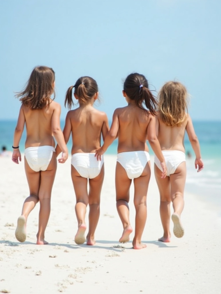 Four little girls walk together on white sand beach. They wear only diapers. Bright blue sky overhead. Girls appear cheerful. Their hair moves with the breeze.