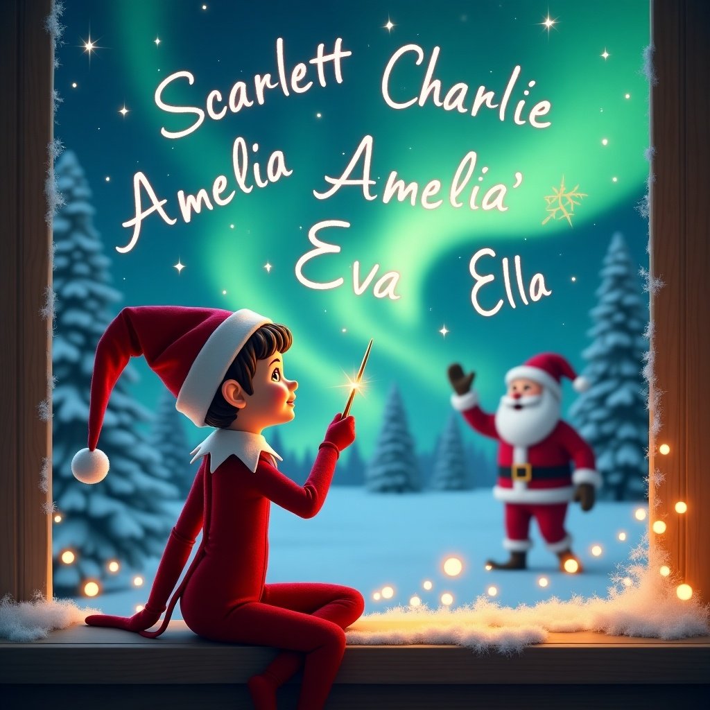 Elf on the shelf is positioned with back facing the viewer. Elf uses a wand to write names in the night sky. Magical background shows Santa and northern lights. Names written in the sky are Scarlett, Charlie, Amelia, Eva, and Ella.