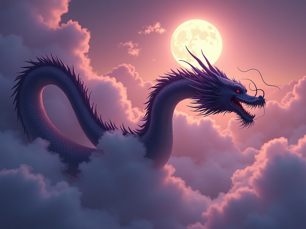 This image features a dark purple Chinese long dragon coiling through soft clouds beneath a full moon. The dragon is depicted with fierce, sharp features and glowing red eyes. Its sinuous body gracefully twists and turns, creating a sense of motion among the clouds. The background reveals a mystical night setting, emphasizing the dragon's majesty. The overall atmosphere evokes fantasy and mythological grandeur.