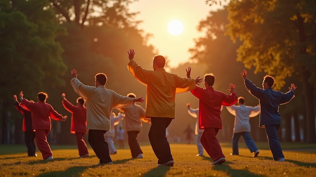 Cinematic scene in Central Park with diverse Tai Chi practitioners. Different postures from major family styles. Some faces turned towards the camera. End of day with warm lighting under bright moon. Hyperrealistic style.