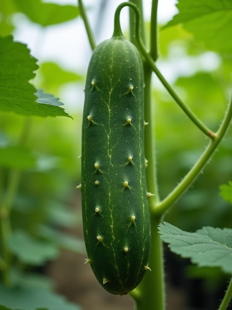 Cucumber growing in a hydroponic system with green leaves around.