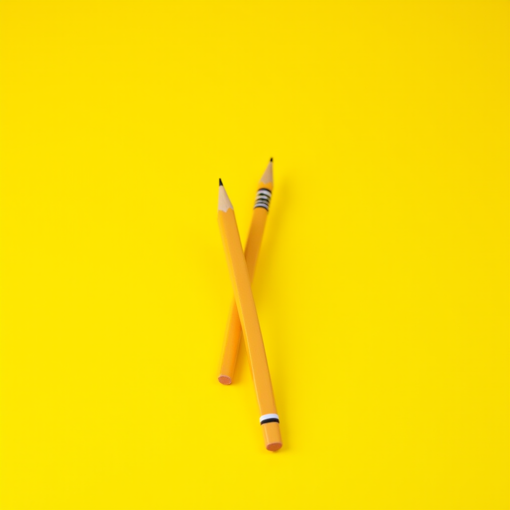 The image features two wooden pencils placed against a vibrant yellow background. The pencils are bright yellow and crossed over each other, forming an X shape. The tips of the pencils are sharp and prominently in focus, contrasting with the blurred yellow backdrop. Both pencils have traditional black erasers with silver ferrules, emphasizing the classic design.