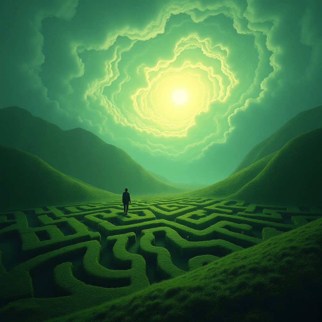 A solitary figure navigates through a labyrinth in a lush green valley. The sky swirls above them, glowing with a bright, ethereal yellow light from the sun. The landscape is rich and vibrant, filled with greenery and curves. The maze path twists and turns, inviting exploration. This surreal scene evokes feelings of adventure and introspection.