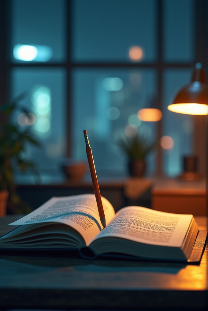 A pencil stands in an open book under a warm desk lamp with a city view at night.