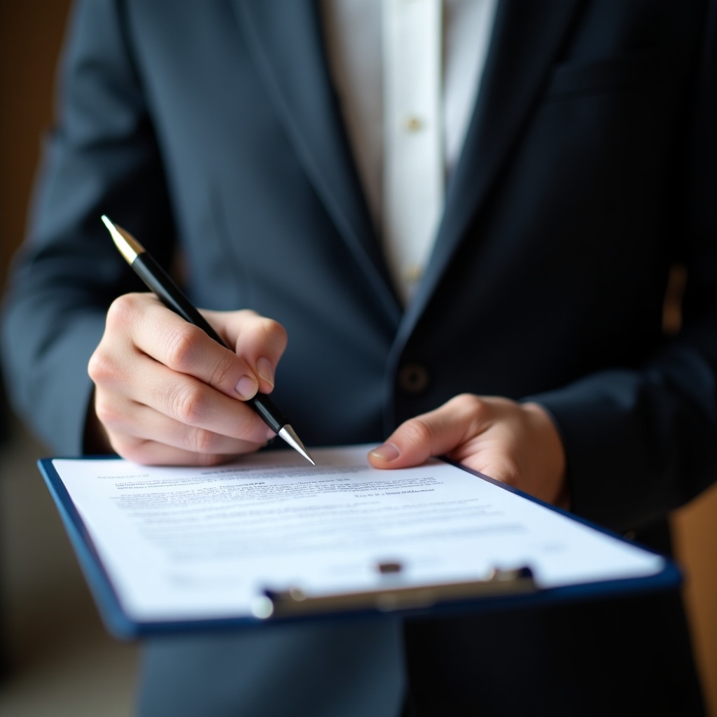 A person in a suit signs a document on a clipboard in a professional setting.