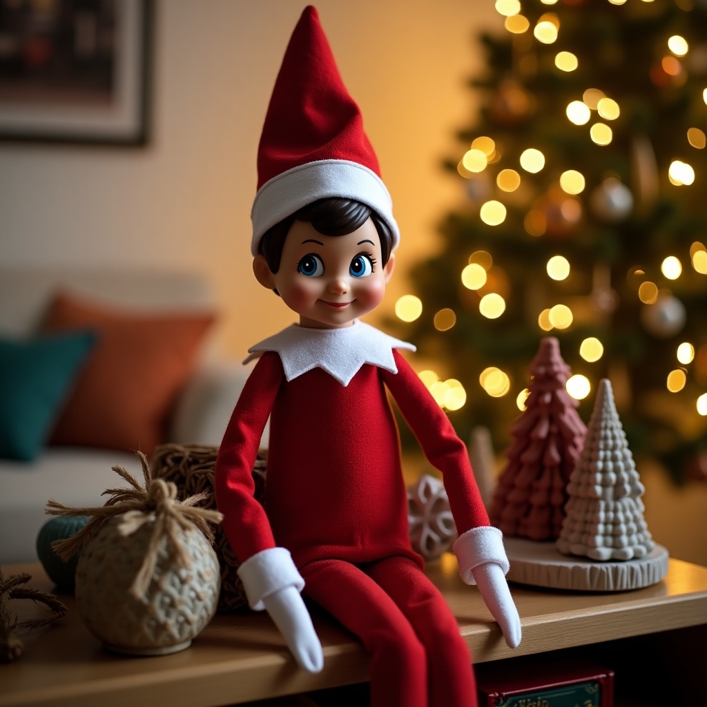 This image features an elf on a shelf doll sitting on a table. The doll is dressed in a classic red outfit with a white collar. In the background, there’s a beautifully lit Christmas tree adorned with ornaments. Decorative items, including mini Christmas trees, are placed beside the elf. The warm lighting creates a cheerful holiday atmosphere. This scene captures the spirit of Christmas and the fun of the Elf on the Shelf tradition.