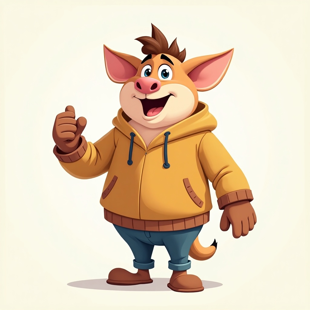 The image features a cheerful cartoon character, likely a pig or pig-like creature. The character has bright orange fur, large ears, and is smiling broadly. Dressed in a cozy yellow hoodie and blue jeans, the character is striking a friendly pose with its thumb up. The background is a solid cream color, emphasizing the character's vibrant colors. The character's overall design is playful and appealing to a younger audience.