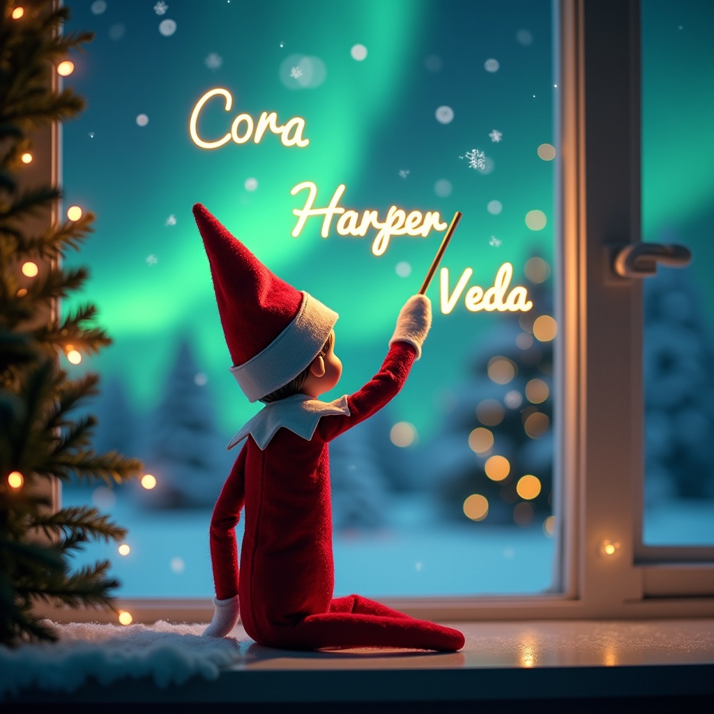 An enchanting Christmas scene featuring an elf on the shelf. The elf, dressed in vibrant red and white attire, is positioned facing the spectacular northern lights. He wields a magic wand, inscribing the names 'Cora', 'Harper', and 'Veda' in glowing letters above him. The backdrop is magical, adding to the festive ambiance. The entire setting captures the joy and wonder of the holiday season, evoking feelings of excitement. This whimsical scene illustrates the magic that surrounds Christmas time.