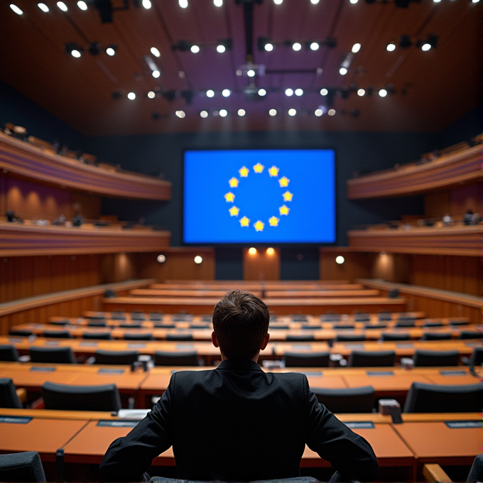 A person sits alone in a large, modern conference room facing a screen displaying the European Union flag.