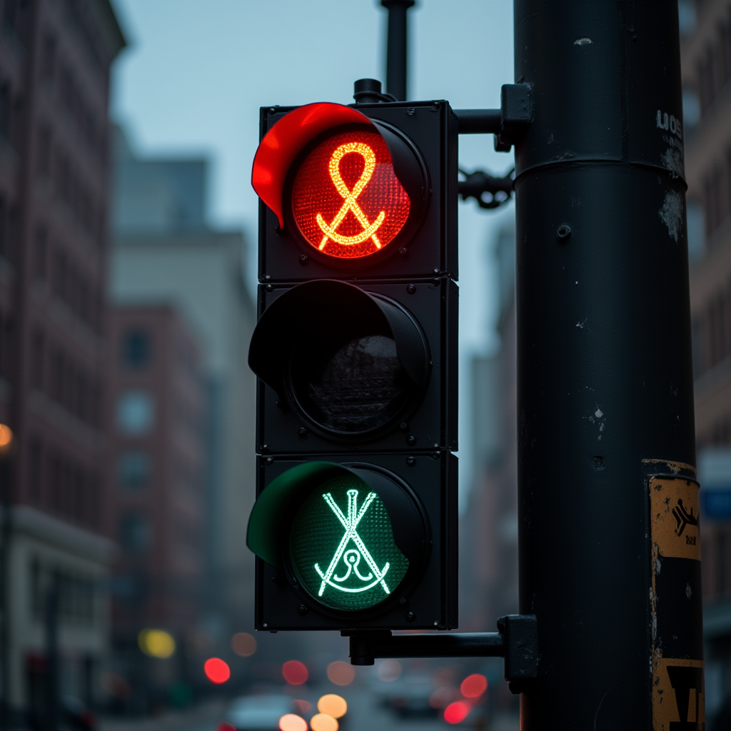 A traffic light in a city features unique artistic symbols instead of traditional signals.