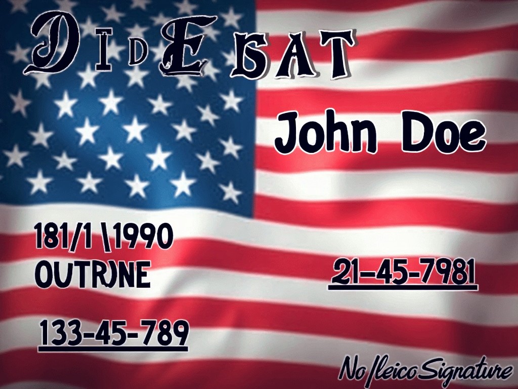 The image features a U.S. flag as a background with overlaid text. The text includes a name and identity numbers, which resemble the format of a personal identification document. The design emphasizes patriotism through the use of national symbolism. The layout is clear, ensuring the text stands out against the vibrant flag background. This image might evoke a sense of identity and belonging.