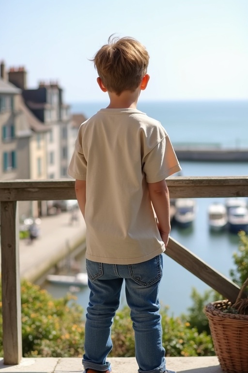 A young boy stands on a balcony. He wears a large natural-colored T-shirt and blue jeans. Short light brown hair is tousled. He looks enamored at the view. The background features a sunny harbor in Normandy. The ambiance is peaceful and quiet.