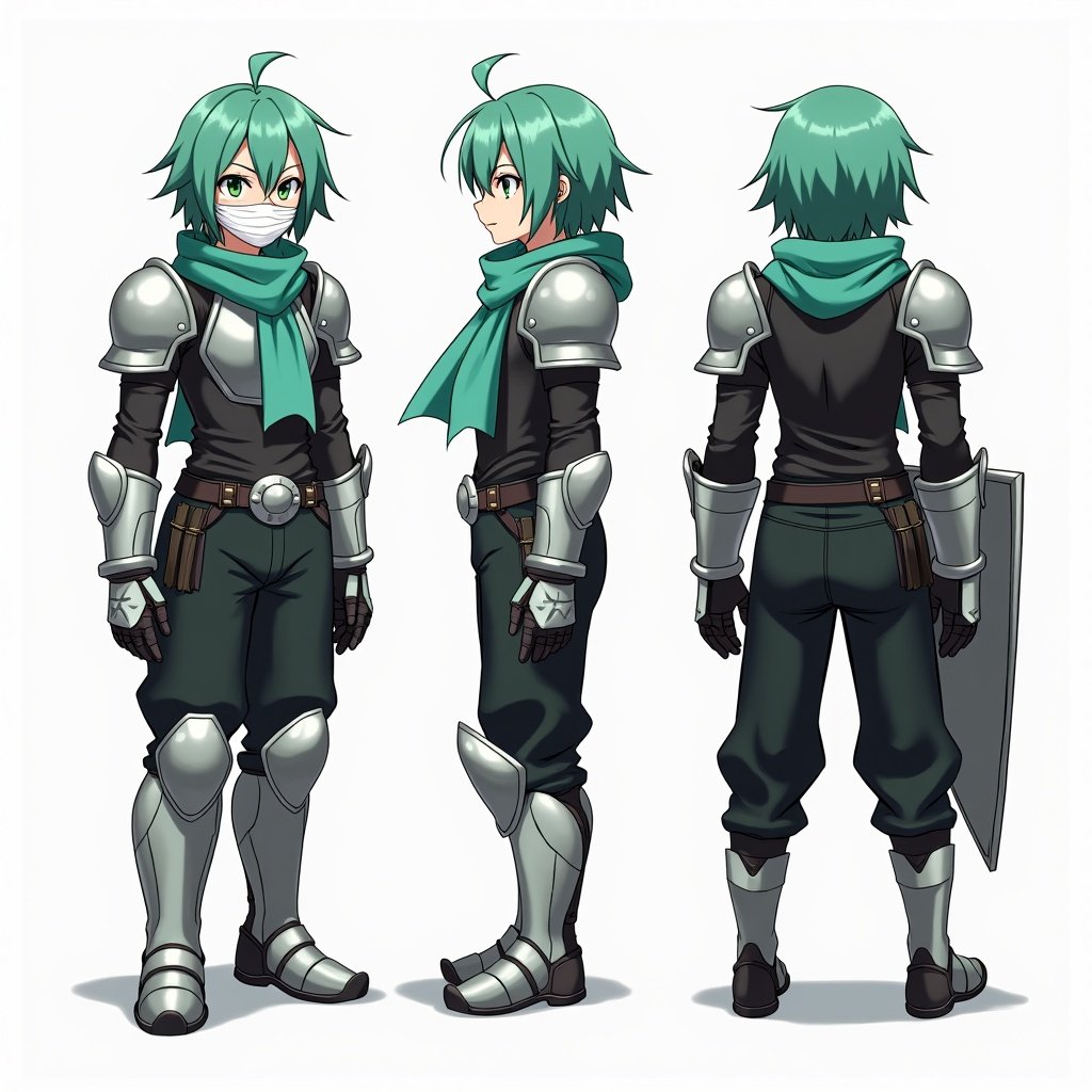 Anime mercenary tomboy with sea green hair and green eyes. Wears a white bandaged face mask. Features silver metal armor including shoulder pads and chestplate. Underneath is a black shirt. A short sea green scarf is around the neck. Displays metal gauntlets and shin pads. Wears black slightly baggy pants held by a large belt with a silver buckle. Has a silver shield attached to the side of the belt. Presented in front, side, and back views.