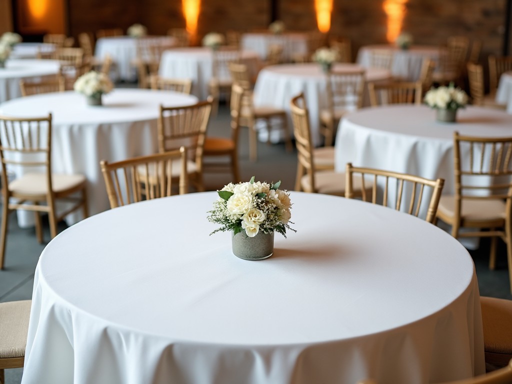 The image captures a beautifully arranged wedding reception with neatly set round tables. Each table is draped in a soft white tablecloth, enhancing the elegance of the setting. At the center of each table, a simple yet sophisticated floral arrangement adds a touch of romance. The warm ambient lighting creates an inviting atmosphere, perfect for celebrations. Overall, the composition suggests a tranquil and intimate environment, ideal for a memorable event.