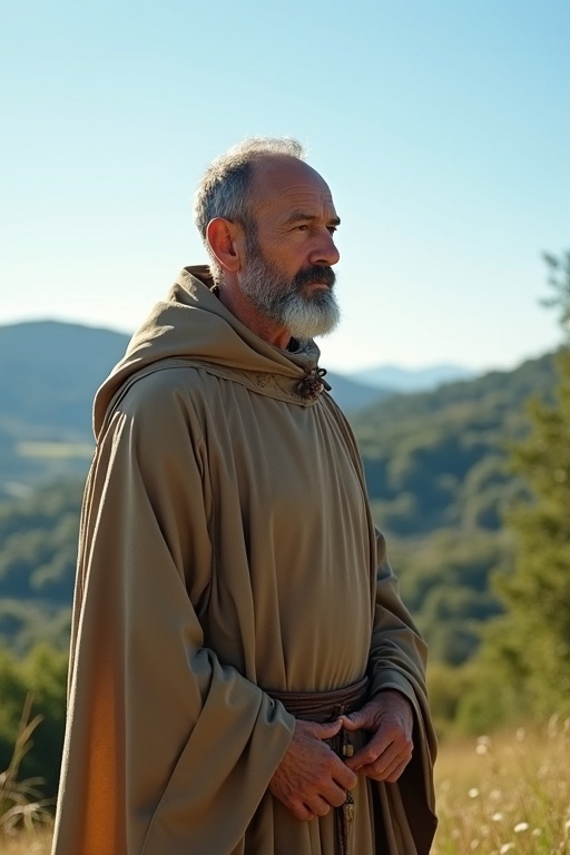 An old ascetic priest stands on a hill in southern France. He is dressed in a natural-colored ceremonial robe. The scene reflects peace and wisdom with a natural backdrop.