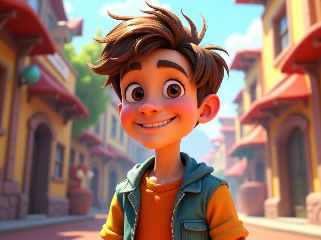 This image features a male character inspired by Pixar animation. He is approximately 25 years old with a joyful expression and tousled brown hair. The background shows a charming street with colorful buildings, creating a lively atmosphere. The character is wearing a casual outfit: a bright orange shirt and a green vest. His large, expressive eyes and cheerful smile convey a sense of adventure and optimism.