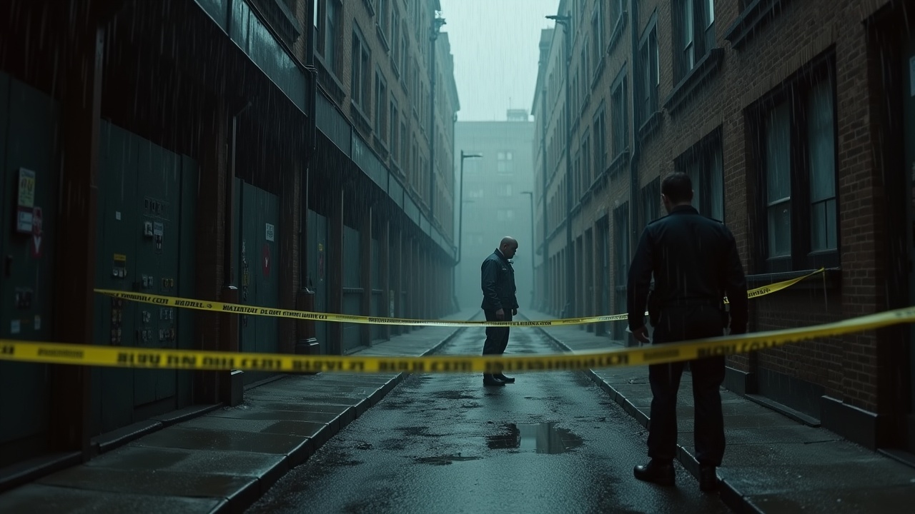 A gloomy, rain-soaked alley where police tape surrounds a body. A military officer stands at a distance, pale and shocked, as detectives work around the scene. The rain adds a layer of tragedy. The overall atmosphere is dark, somber, and heavy with grief. This image captures the tension and emotions involved in a crime investigation. The wet ground reflects the rain, enhancing the sense of despair.