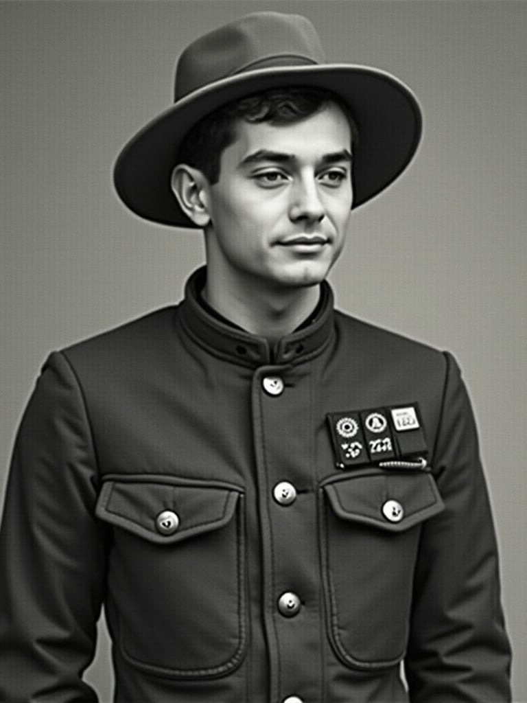 Image of a person wearing a formal military-style outfit. The person stands straight with a serious demeanor and is wearing a wide-brimmed hat. The background is neutral, emphasizing the attire.