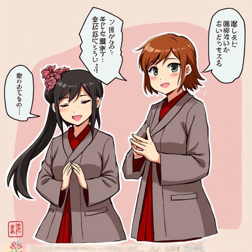 Two anime characters wearing traditional clothing standing next to each other. One character has long black hair with a flower accessory. Both characters look happy and are gently rubbing their hands together as a gesture of greeting.