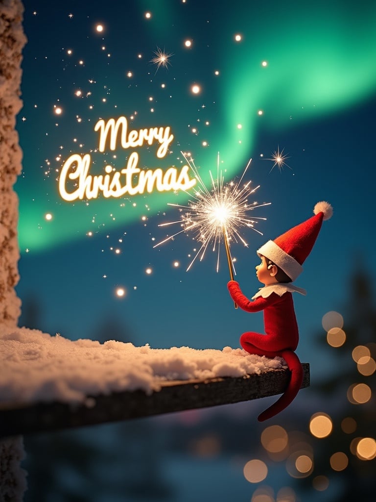 An enchanting Christmas scene features an elf on the shelf dressed in red and white. Elf holds a magic wand creating sparkler text above. The background shows vibrant northern lights. The scene captures the joy of the holiday season with a whimsical twist.