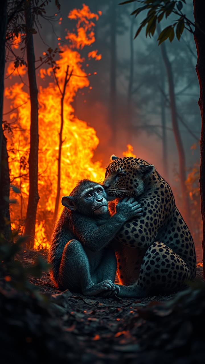 A chimpanzee and a leopard hugging each other in a forest with fire in the background.