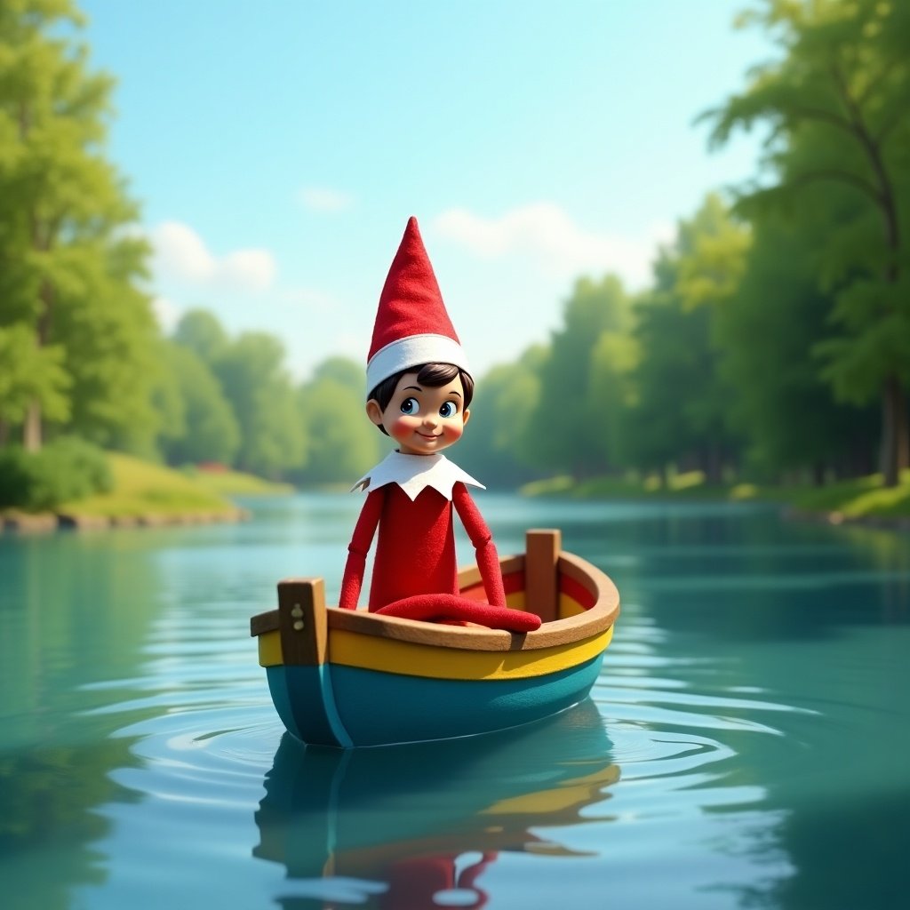 Illustration of an elf on a boat surrounded by nature.