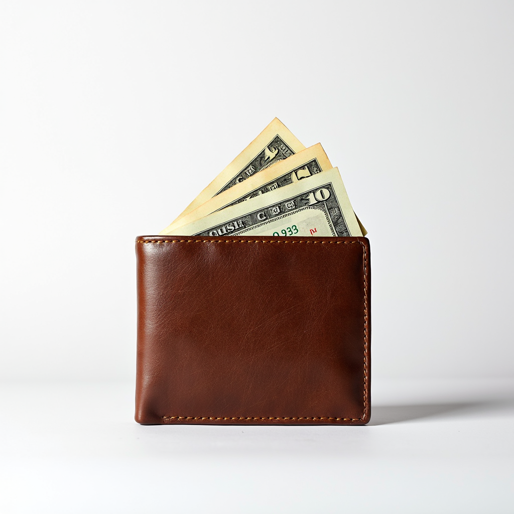 A stylish brown leather wallet containing several US dollar bills.