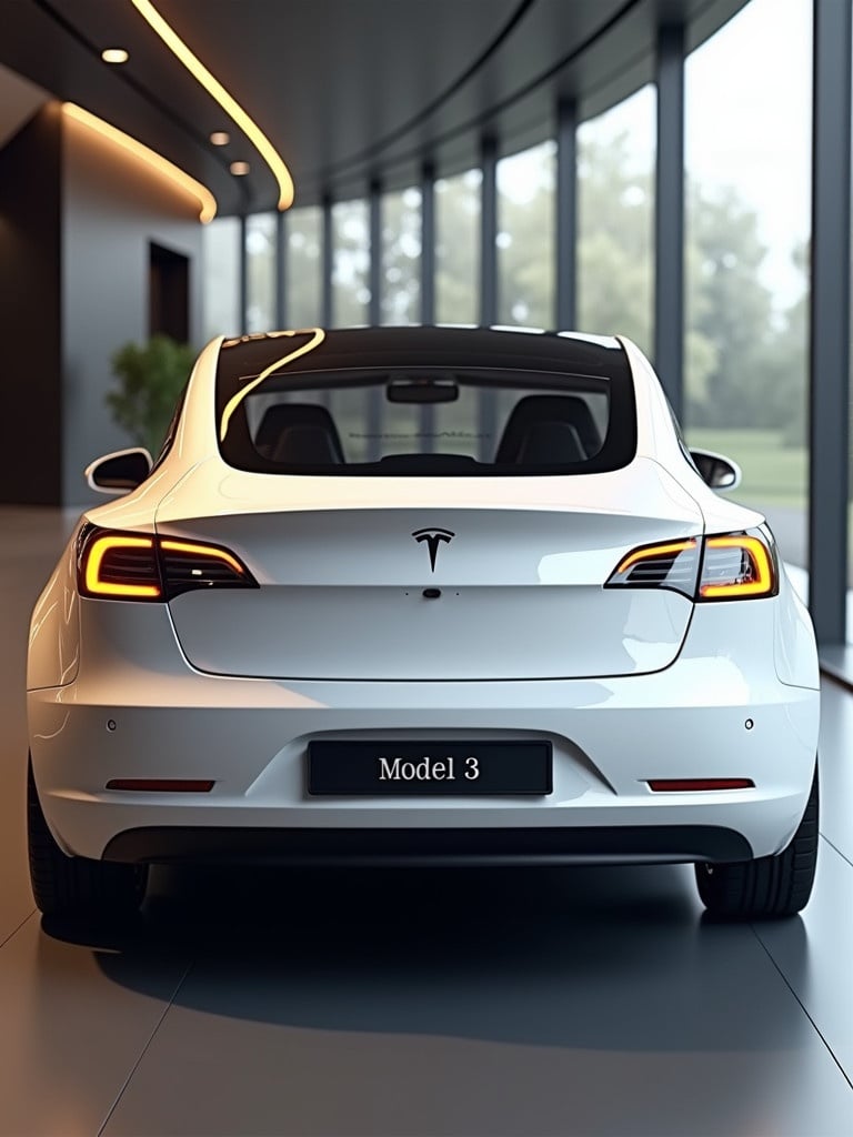 Realistic render of a car design featuring Tesla Model 3. Car viewed from close back end in white. Include Mercedes logo on the back. Headlights are yellow. License plate displays Model 3. Scene set in bright luxury showroom with ultra-high shine. Ultra-high-detailed glossy and shiny finish.