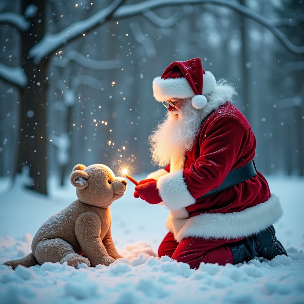 Santa Claus kneeling in snow. Writing name Mayzee in the snow. Teddy bear beside him. Reindeer stands nearby with a red nose. Snowy sky with sparkles. Warm ambiance.