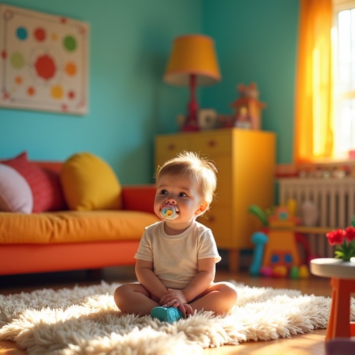 A child sits cross-legged in a colorful room. The room has bright furniture and various toys scattered around. Natural light fills the space creating a warm atmosphere.