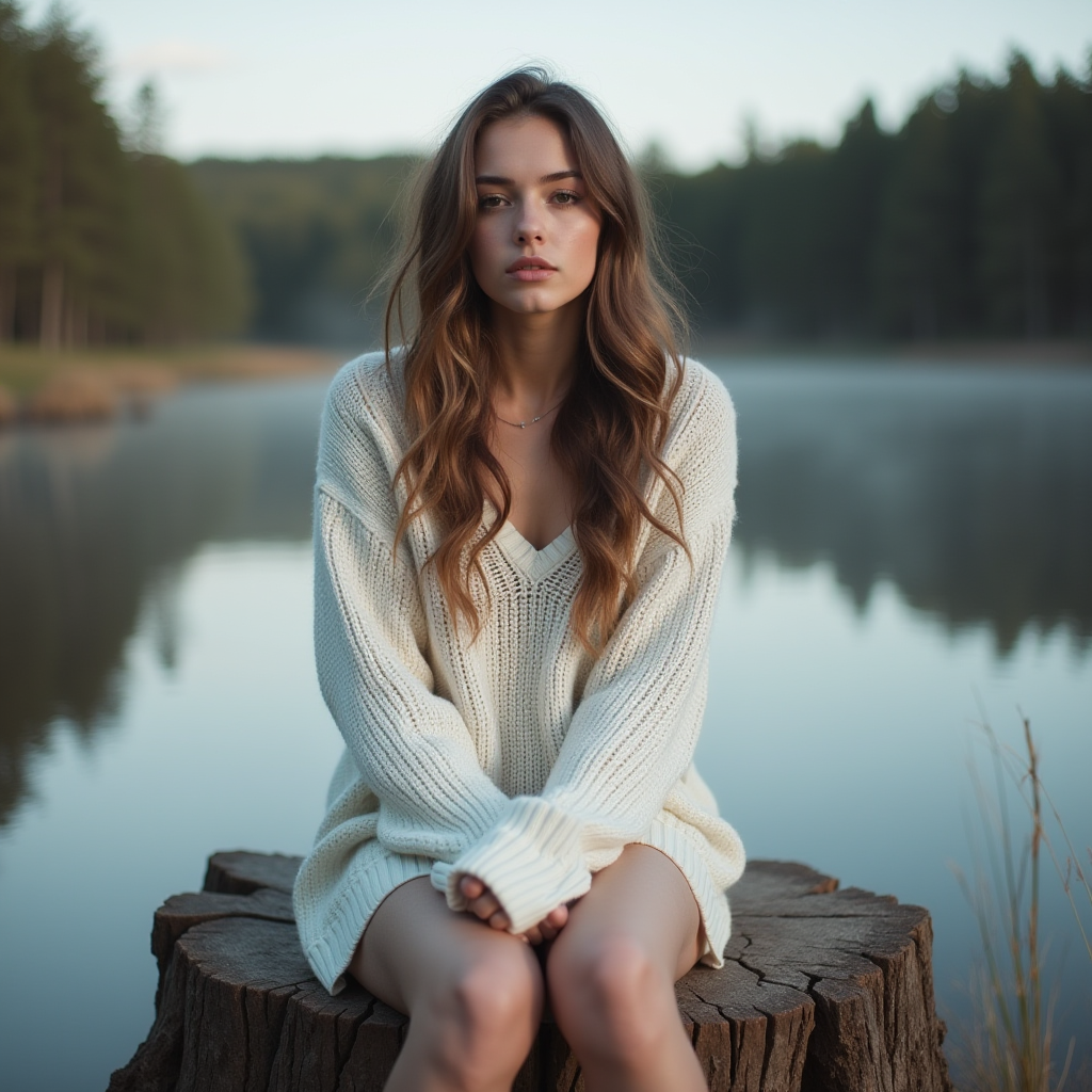 A woman in a cozy sweater sits on a tree stump by a tranquil lake with a backdrop of misty woods.