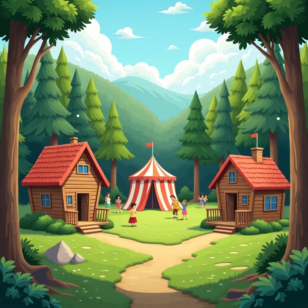 Image depicts two cabins set in a forest setting. One cabin is for boys and the other for girls. In the center, there's a colorful circus tent. Children are playing outside on a sunny day. The landscape includes trees and a clear sky with fluffy clouds.