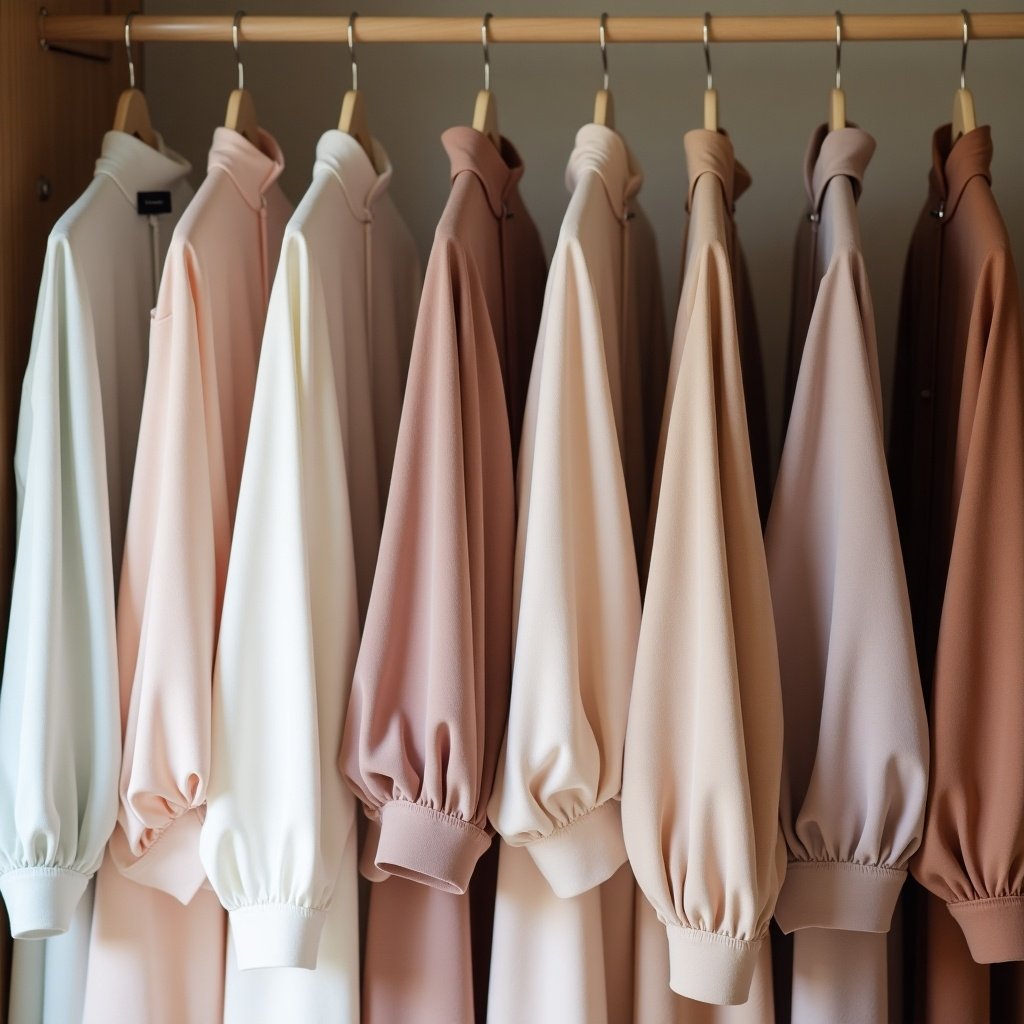 Image showcases collection of simple abayas hanging in wardrobe. Color palette includes soft pastels and muted earth tones. Various shades enhance elegant presentation. Soft, natural lighting highlights fabric textures. Display emphasizes versatile abayas for modern wardrobe.