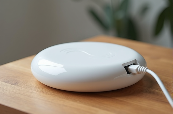 A rounded, glossy white electronic device sits on a wooden surface, with a power cord plugged into its side, in a minimalistic setting.