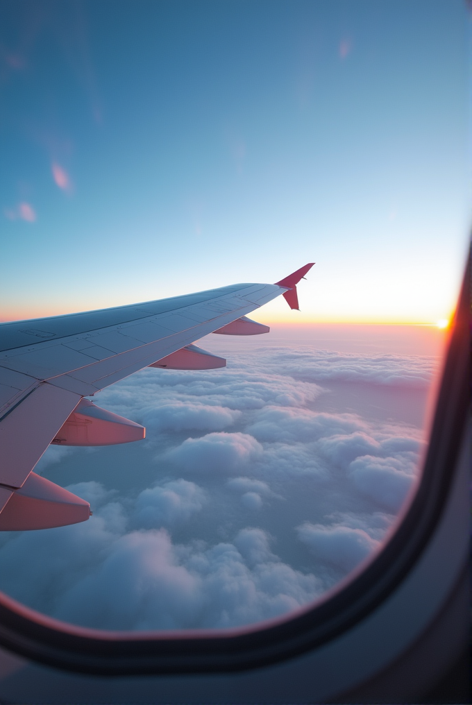 A serene view from an airplane window showing the wing amidst a vibrant sky at sunset, with fluffy clouds below.