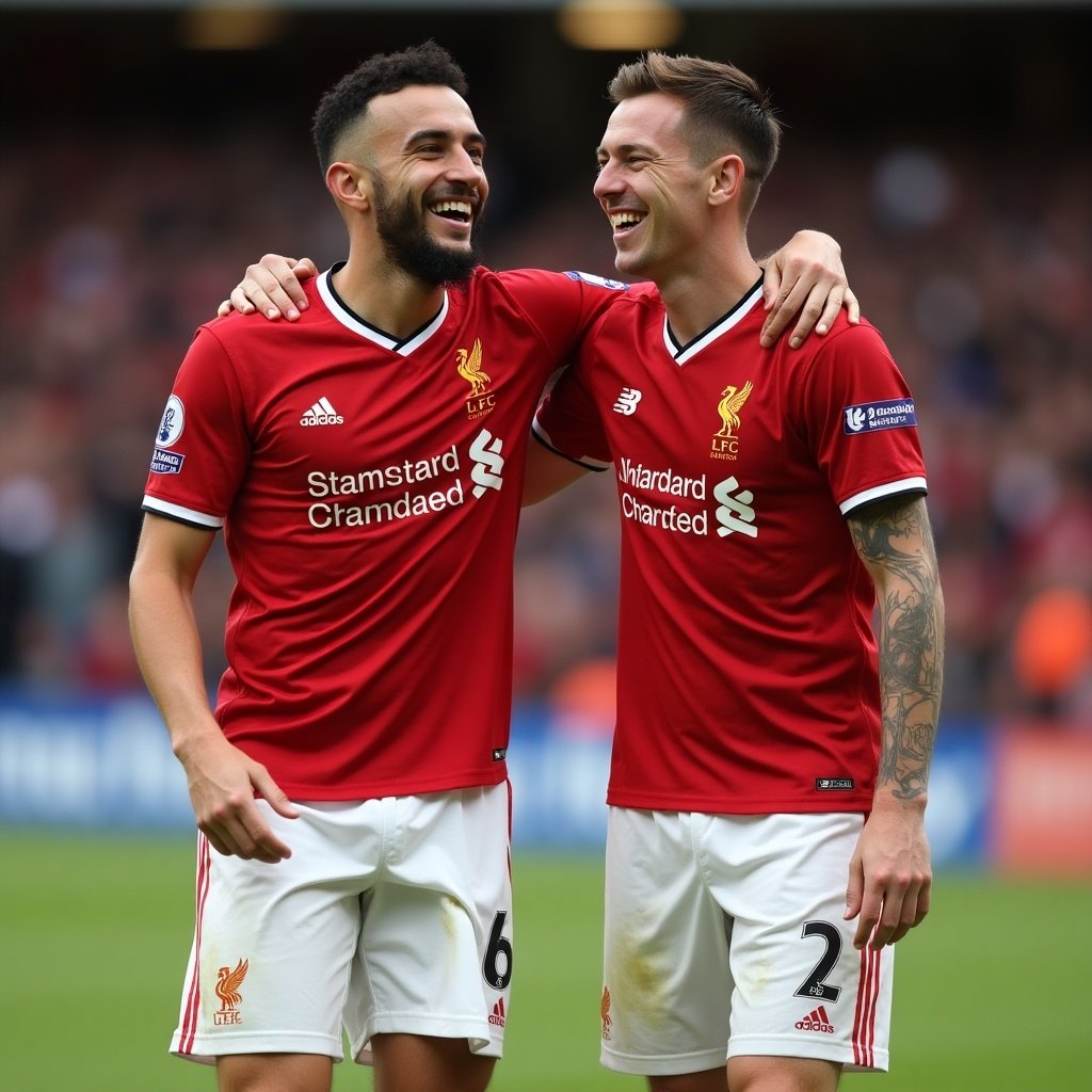 Football players show affection and support during a game. They wear Liverpool jerseys and stand close together. The stadium atmosphere is vibrant and energetic.