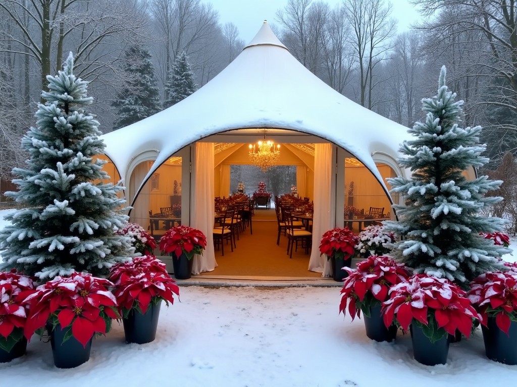 This image depicts the front view of a luxurious 20 x 30 tent set in a serene winter landscape. The entrance is elegantly framed by vibrant red poinsettias and flocked Christmas trees. Inside, the tent is beautifully arranged with tables for a festive event. The snow adds a magical touch to the scene, enhancing the holiday spirit. Soft, warm lighting glows from within, inviting guests to enter. This setting is perfect for winter celebrations and holiday gatherings. There’s a peaceful ambiance created by the surrounding snowy trees, completing the winter wonderland look.