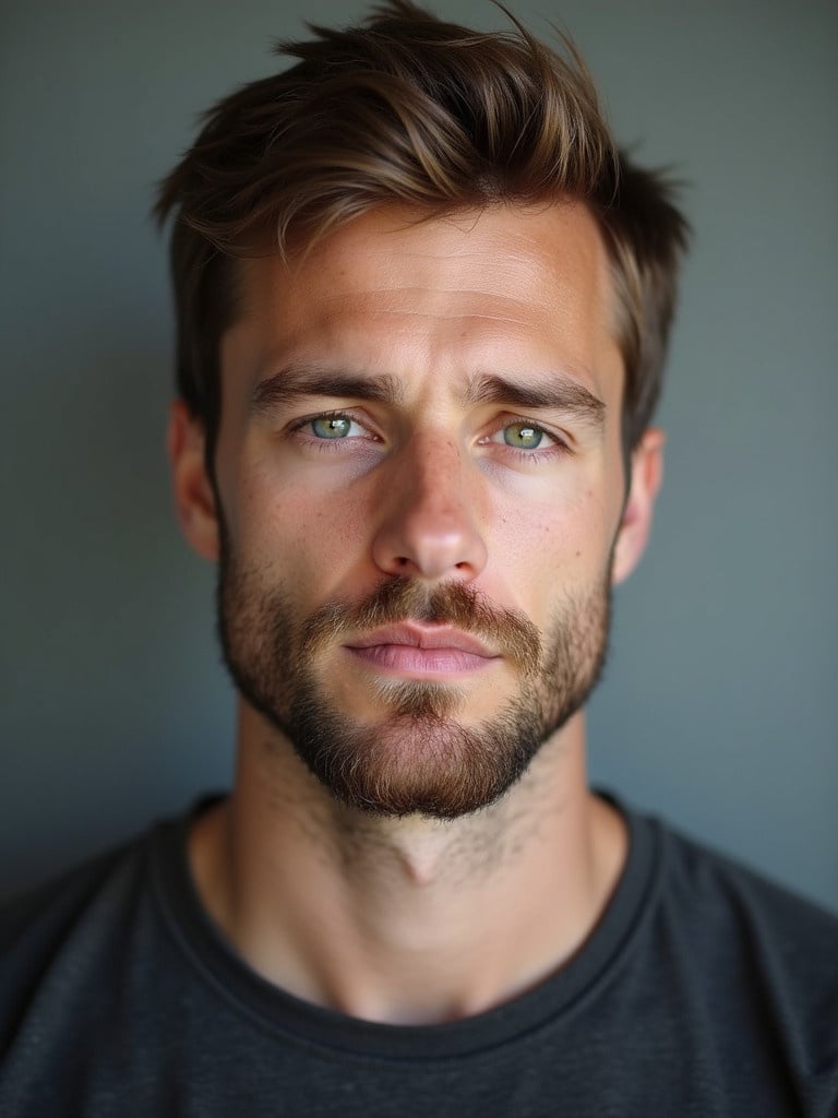 Slim white American male with short brown hair and a beard. The image depicts head and shoulders. Background is gray and soft.