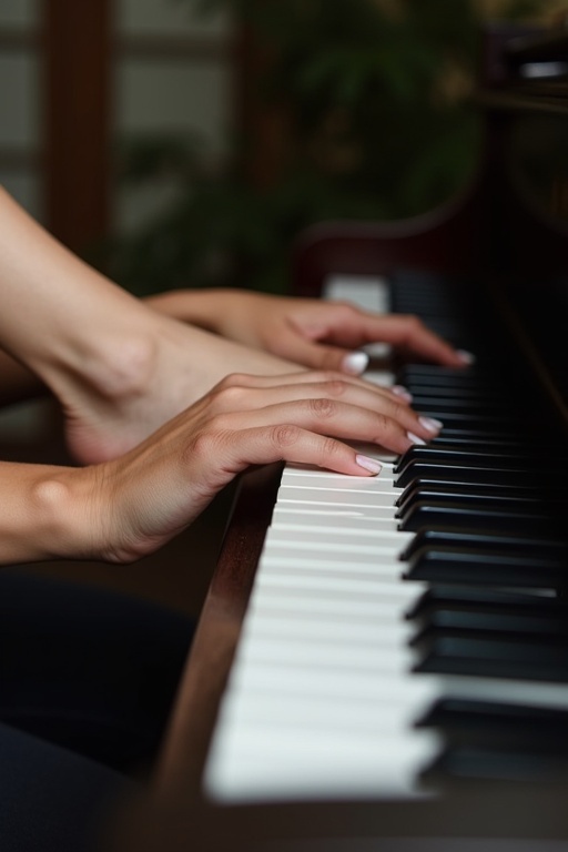 Image shows young woman's feet with white toenail polish positioned over black and white piano keys. View is side-on focusing on feet facing the piano without hands visible.