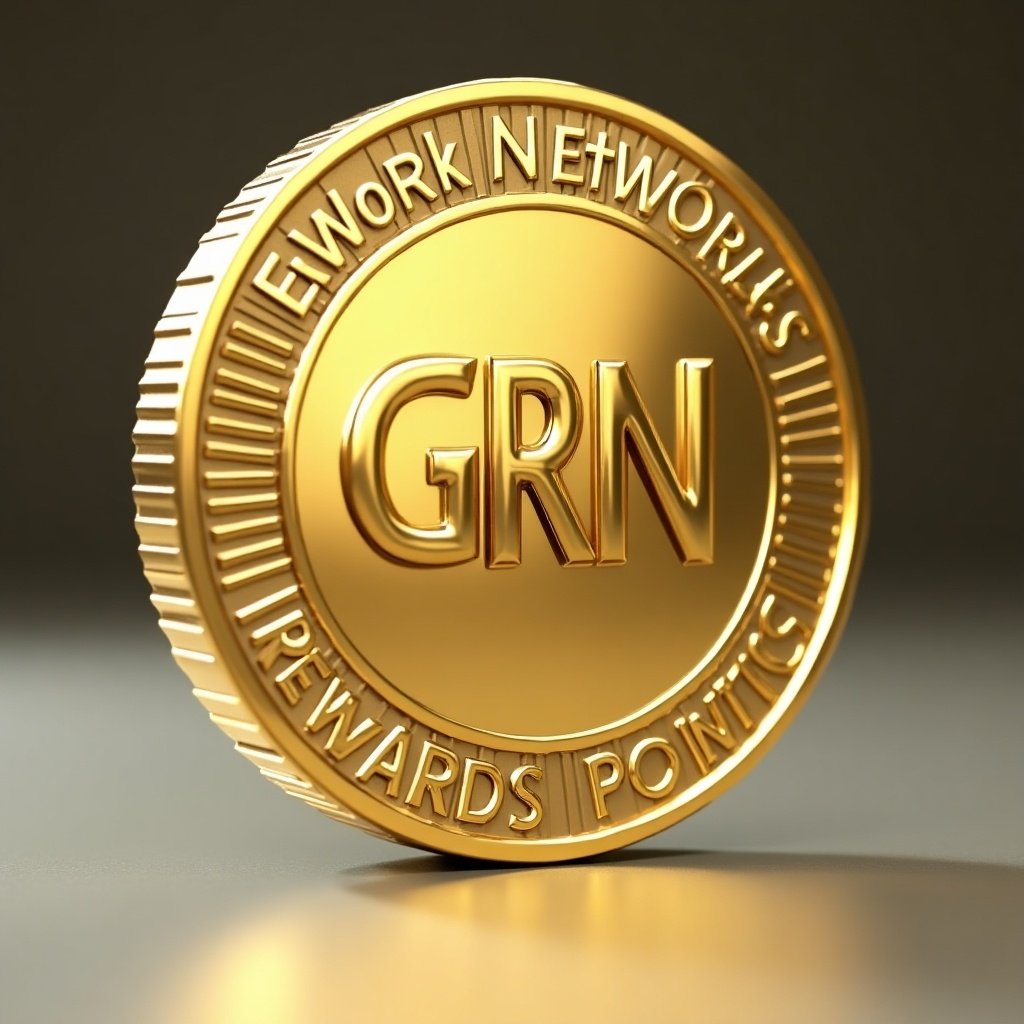 Gold-colored coin stands upright on a smooth surface. Features large 'GRN' symbol. Inscription reads 'GrowRich Network - Rewards Points'. The coin reflects soft light.